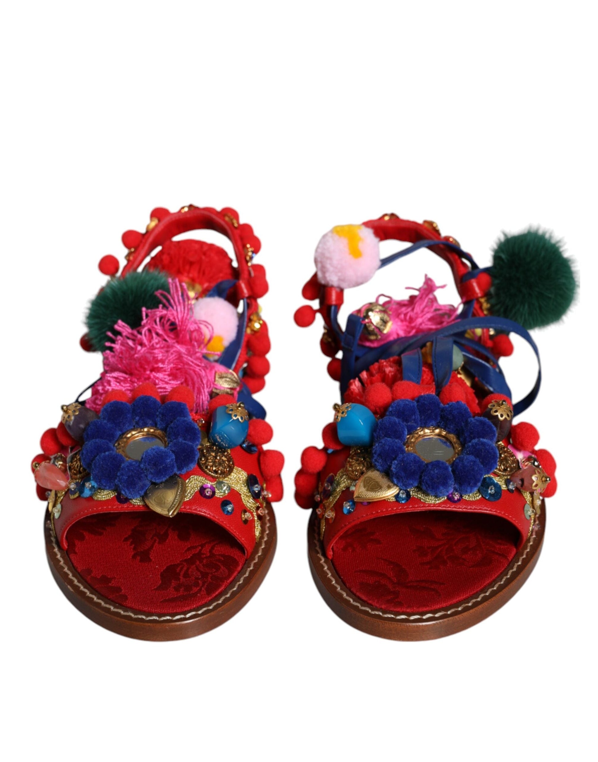 Dolce & Gabbana Multicolor Pom Pom Fur Wrap Sandals Shoes - EU38/US8