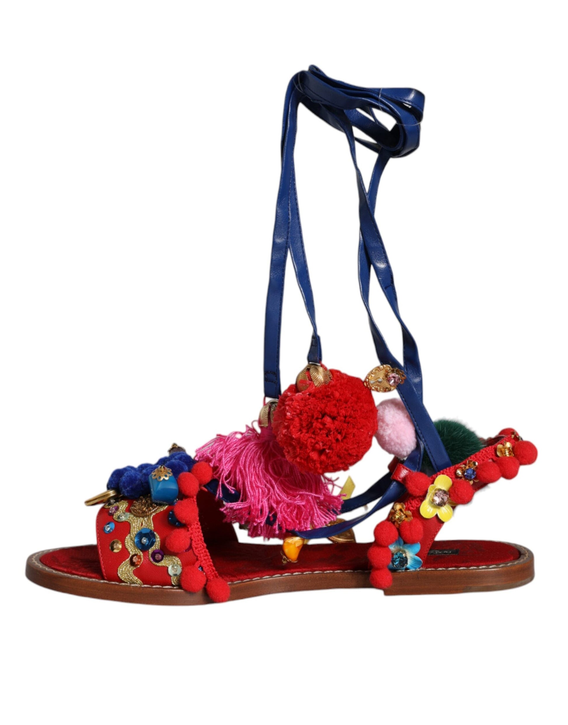 Dolce & Gabbana Multicolor Pom Pom Fur Wrap Sandals Shoes - EU38/US8