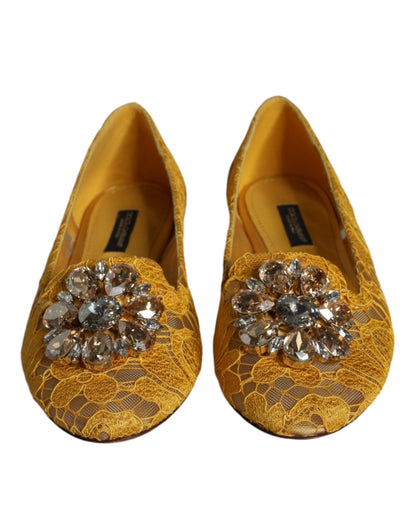 Dolce & Gabbana Mustard Lace Crystal Ballet Flats Loafer Shoes - EU35/US5