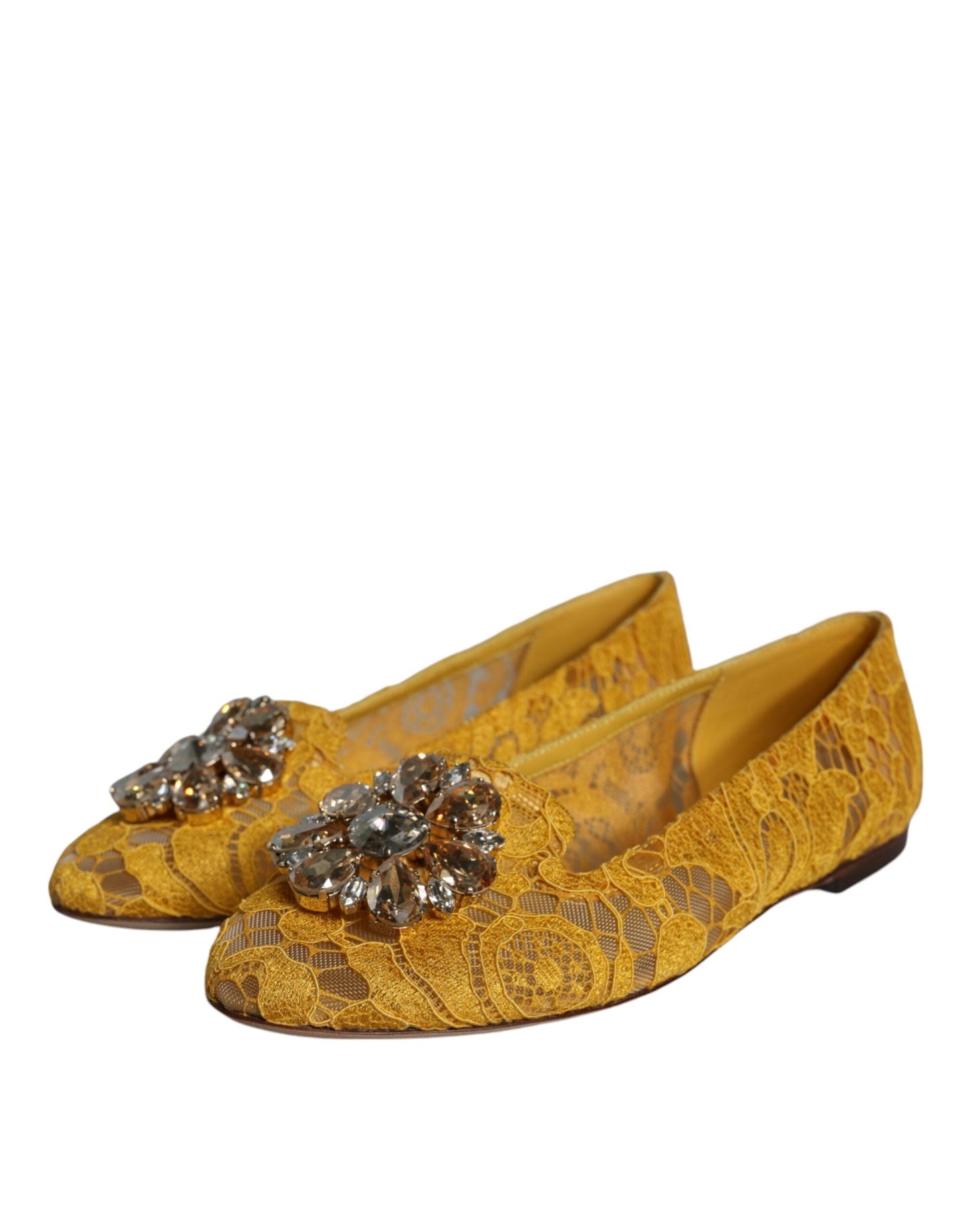 Dolce & Gabbana Mustard Lace Crystal Ballet Flats Loafer Shoes - EU35/US5