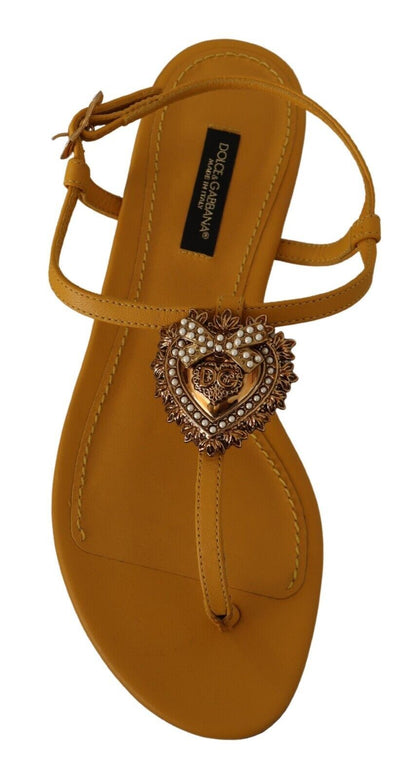 Dolce & Gabbana Mustard T-Strap Flat Sandals with Heart Embellishment - EU35/US4.5