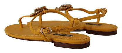 Dolce & Gabbana Mustard T-Strap Flat Sandals with Heart Embellishment - EU35/US4.5