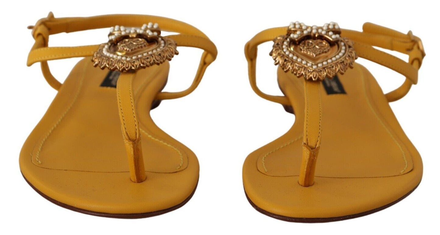 Dolce & Gabbana Mustard T-Strap Flat Sandals with Heart Embellishment - EU35/US4.5