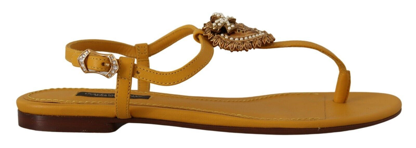 Dolce & Gabbana Mustard T-Strap Flat Sandals with Heart Embellishment - EU35/US4.5