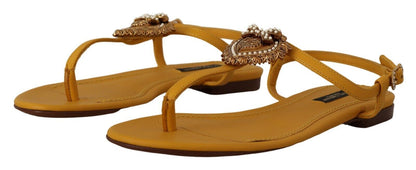 Dolce & Gabbana Mustard T-Strap Flat Sandals with Heart Embellishment - EU35/US4.5