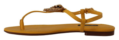 Dolce & Gabbana Mustard T-Strap Flat Sandals with Heart Embellishment - EU35/US4.5