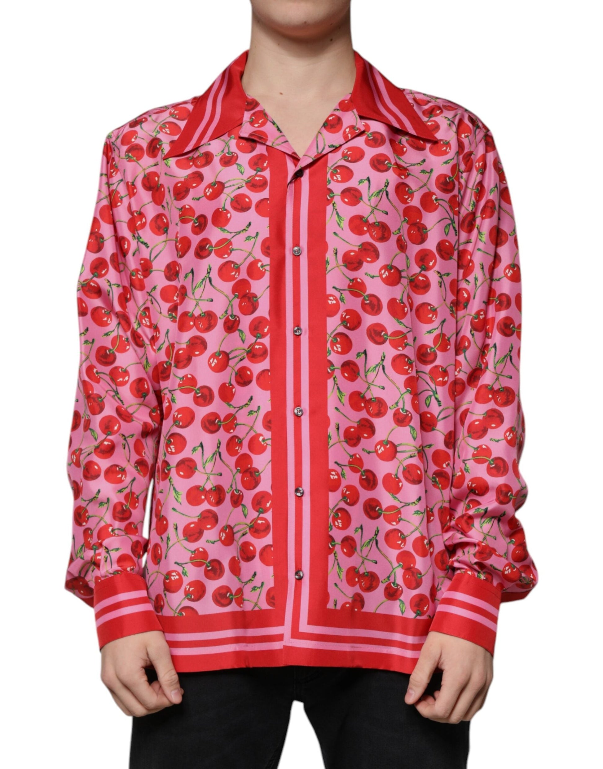 Dolce & Gabbana Pink Cherry Silk Button Down Casual Shirt - IT42 | XL