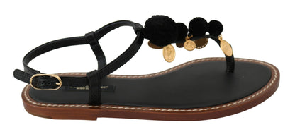 Dolce & Gabbana Pom Pom Flip Flop Ankle Strap Flats - EU35/US4.5