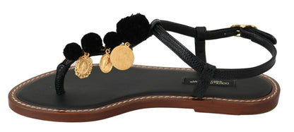 Dolce & Gabbana Pom Pom Flip Flop Ankle Strap Flats - EU35/US4.5