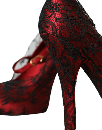 Dolce & Gabbana Red Black Floral Lace Mary Jane Pumps Shoes - EU39/US8.5