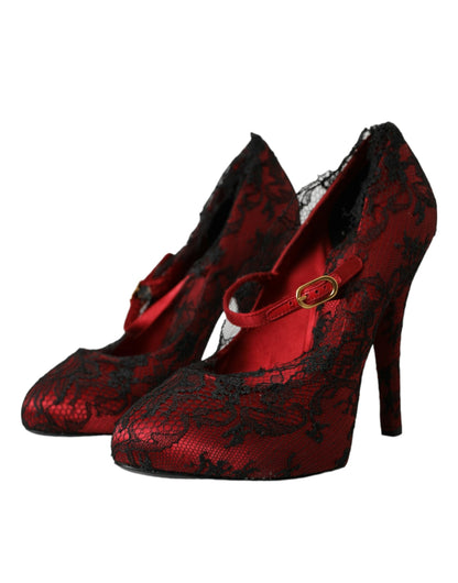 Dolce & Gabbana Red Black Floral Lace Mary Jane Pumps Shoes - EU39/US8.5