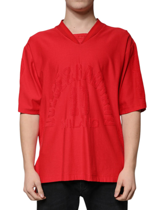 Dolce & Gabbana Red Cotton V-neck Short Sleeves T-shirt - IT50 | L