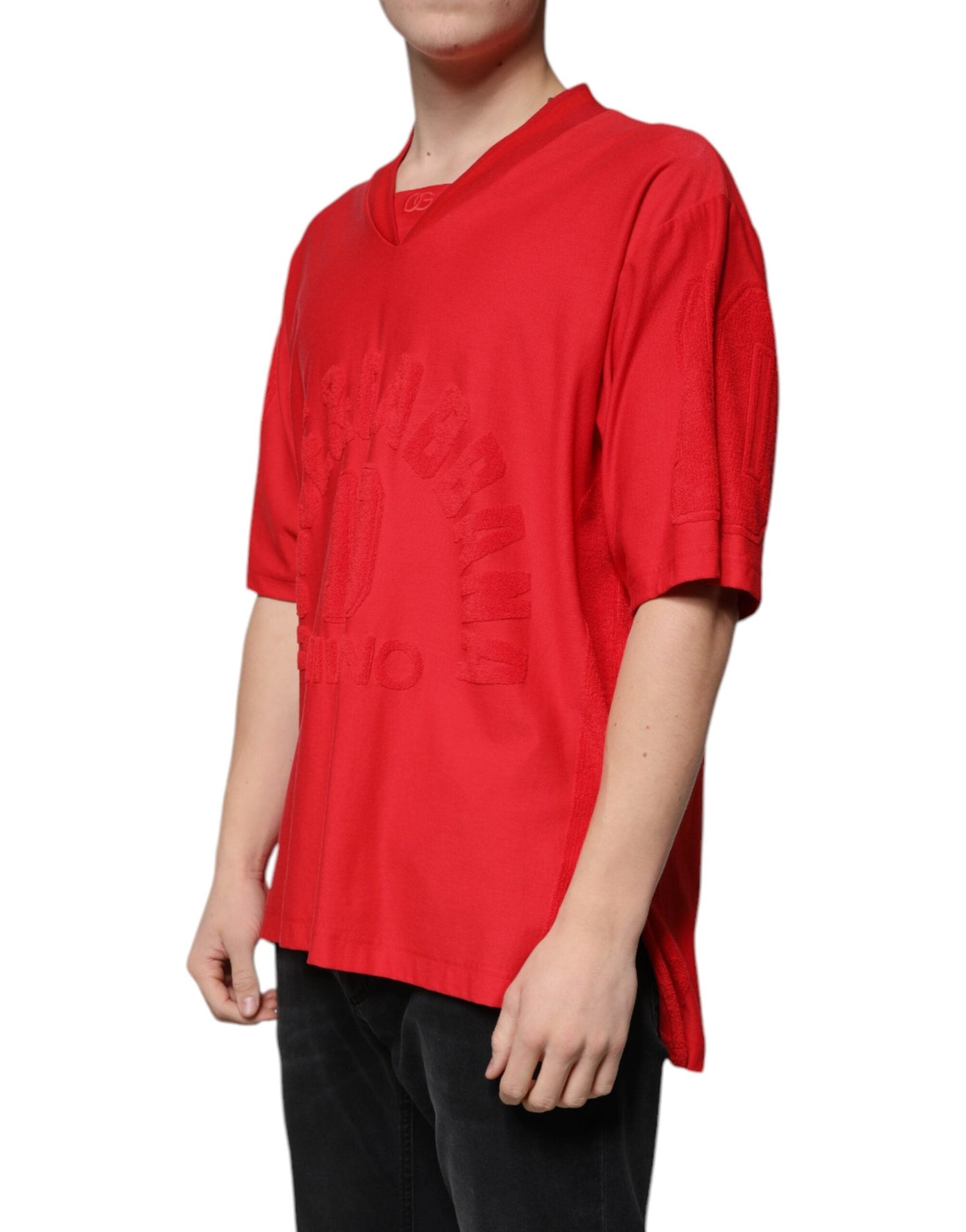 Dolce & Gabbana Red Cotton V-neck Short Sleeves T-shirt - IT50 | L