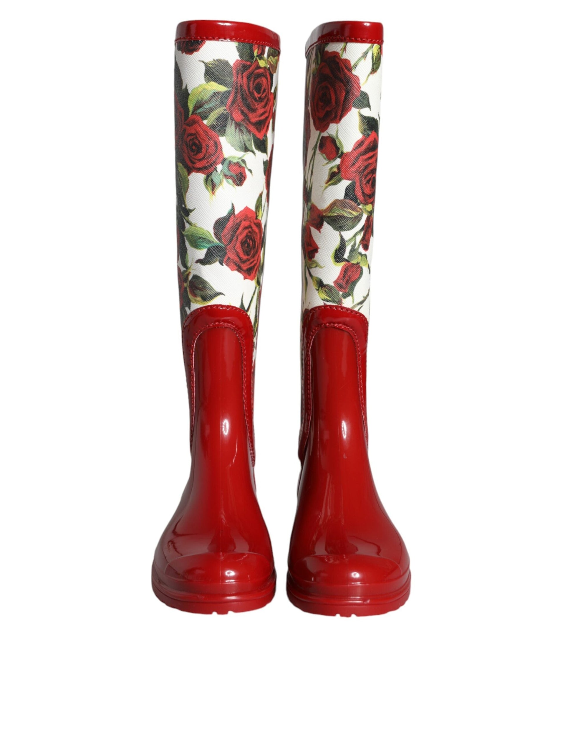 Dolce & Gabbana Red Floral Rubber Knee High Flat Boots Shoes - EU36/US5.5