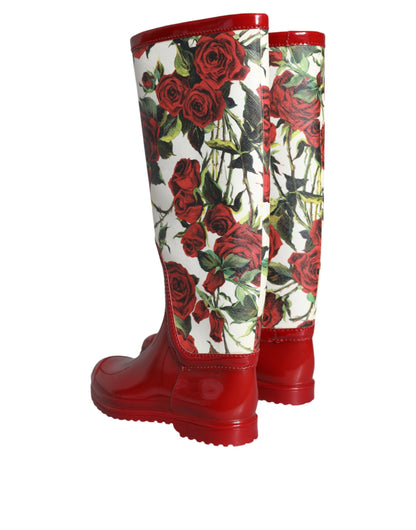 Dolce & Gabbana Red Floral Rubber Knee High Flat Boots Shoes - EU36/US5.5