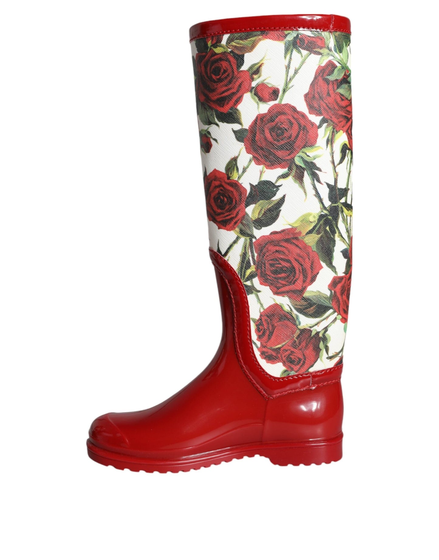 Dolce & Gabbana Red Floral Rubber Knee High Flat Boots Shoes - EU36/US5.5