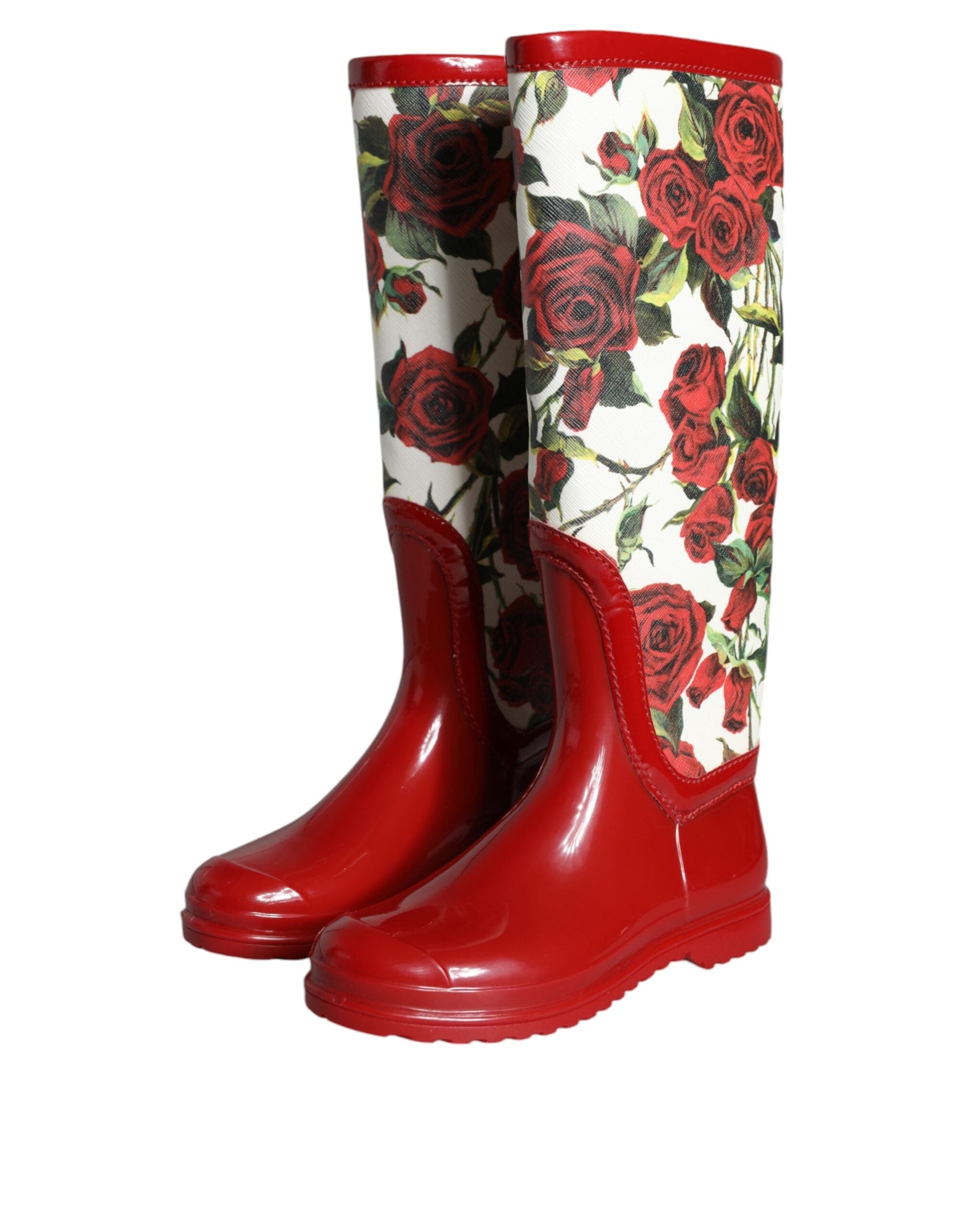 Dolce & Gabbana Red Floral Rubber Knee High Flat Boots Shoes - EU36/US5.5