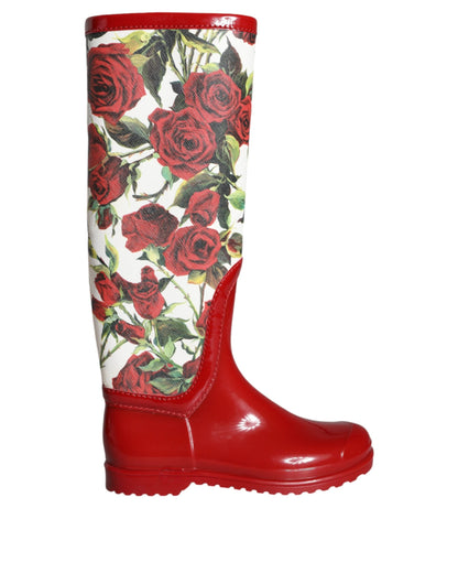 Dolce & Gabbana Red Floral Rubber Knee High Flat Boots Shoes - EU36/US5.5