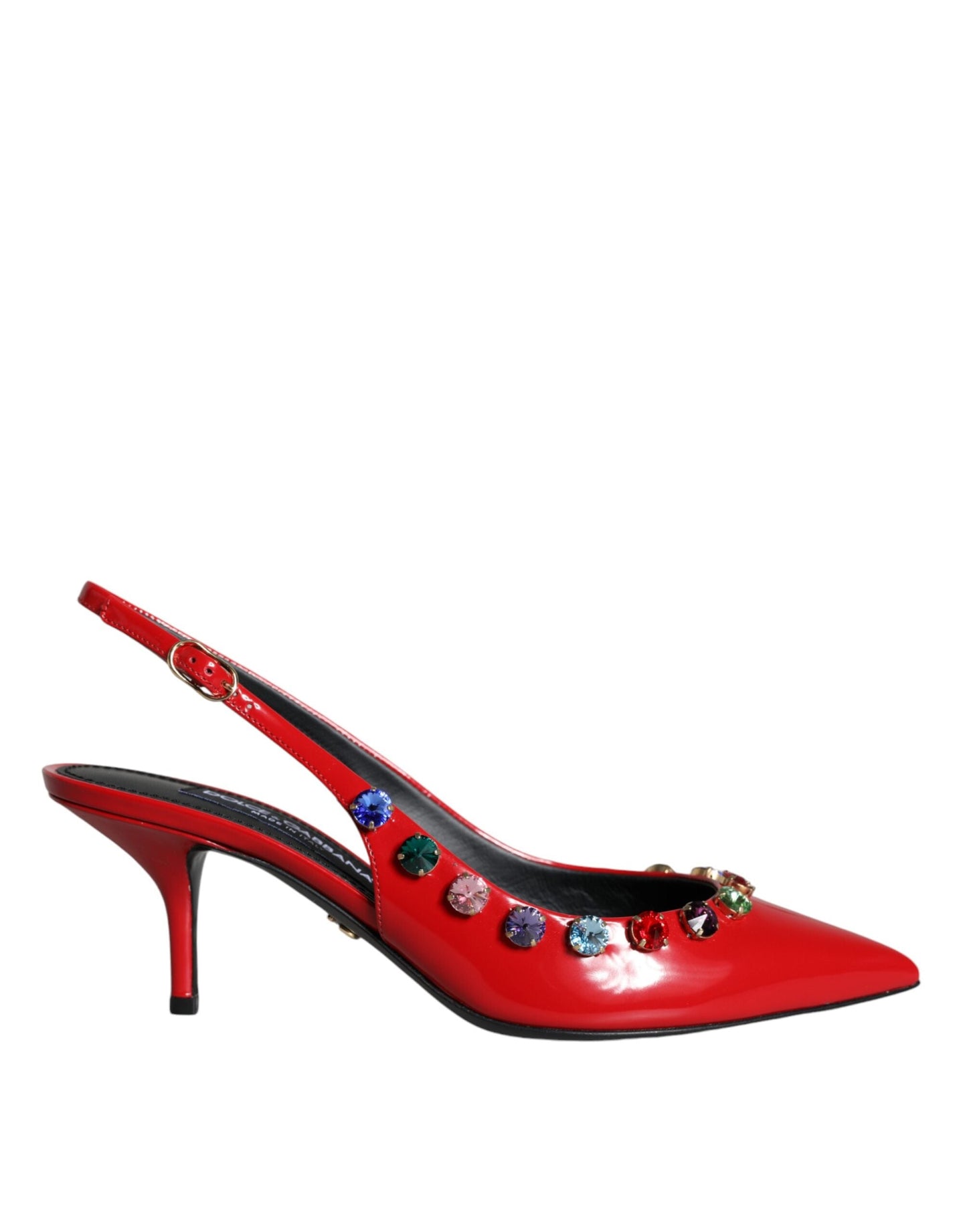 Dolce & Gabbana Red Leather Crystal Heels Slingback Shoes - EU39/US8