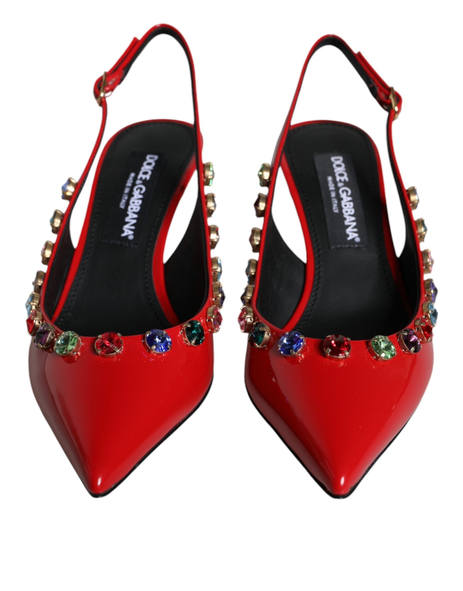 Dolce & Gabbana Red Leather Crystal Heels Slingback Shoes - EU39/US8