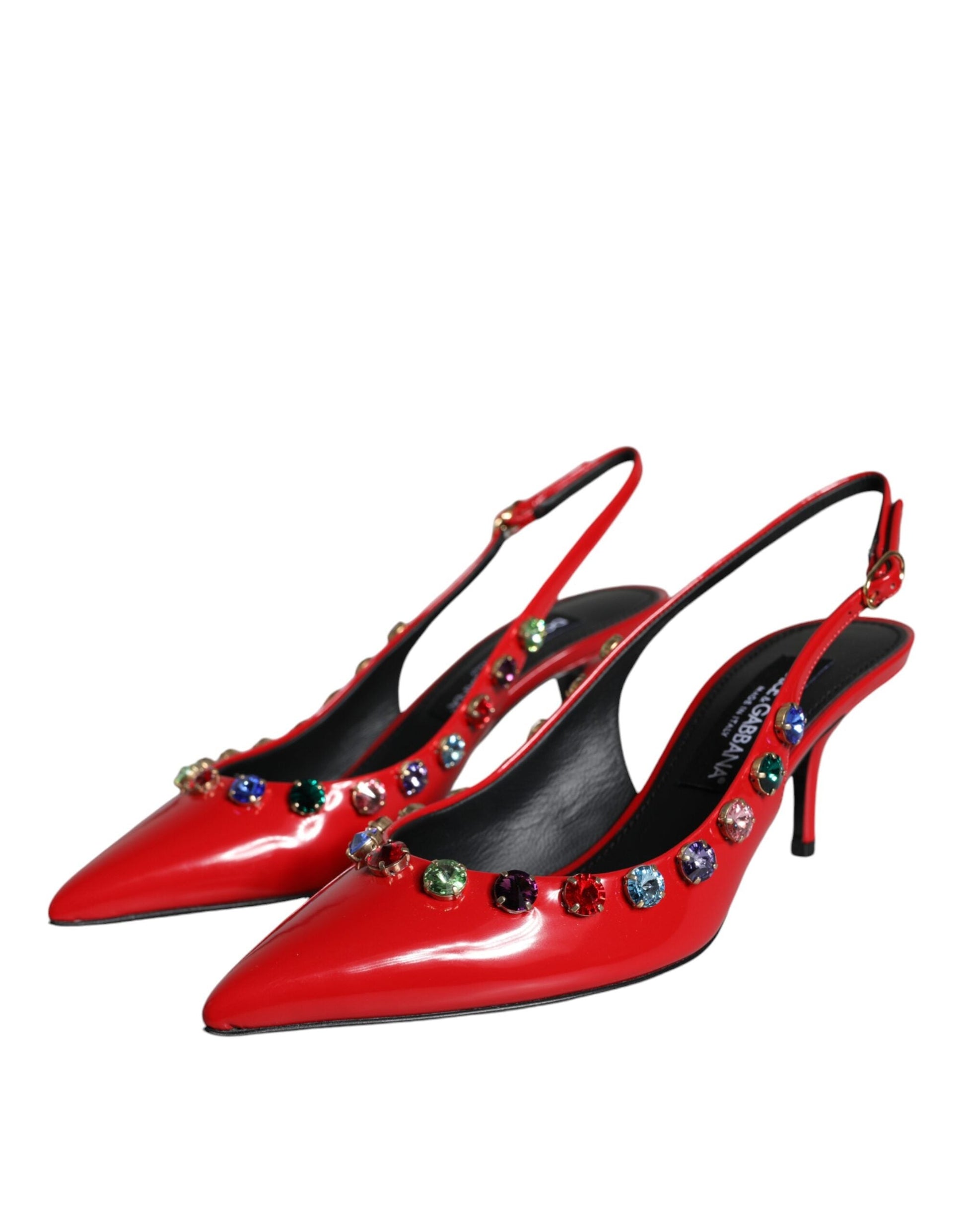 Dolce & Gabbana Red Leather Crystal Heels Slingback Shoes - EU39/US8