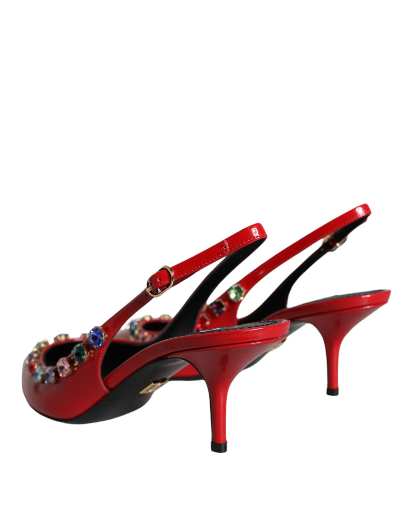 Dolce & Gabbana Red Leather Crystal Heels Slingback Shoes - EU39/US8