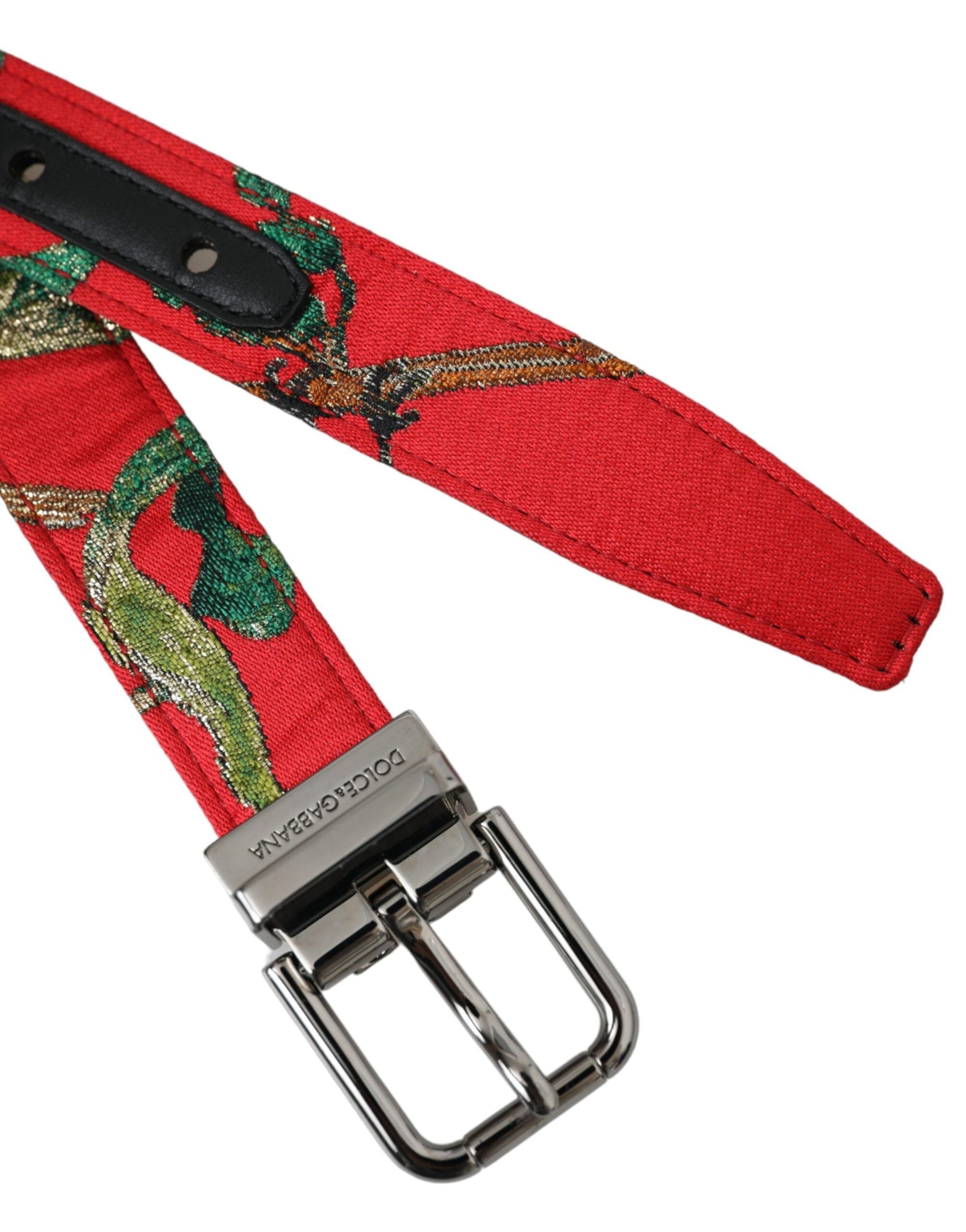 Dolce & Gabbana Red Leather Jacquard Silver Metal Buckle Belt - 90 cm / 36 Inches