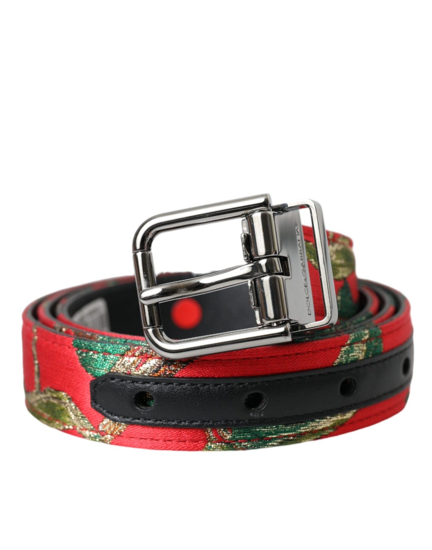 Dolce & Gabbana Red Leather Jacquard Silver Metal Buckle Belt - 90 cm / 36 Inches