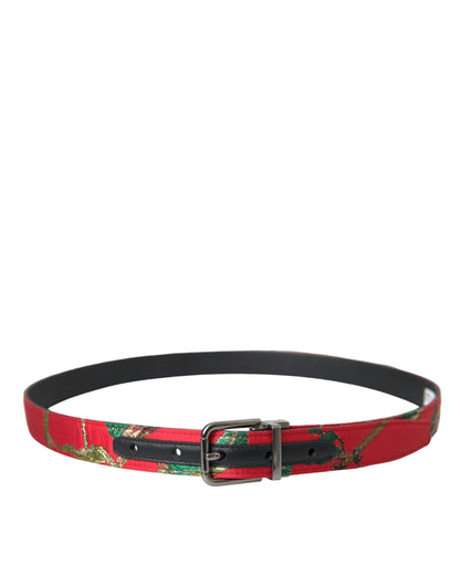 Dolce & Gabbana Red Leather Jacquard Silver Metal Buckle Belt - 90 cm / 36 Inches