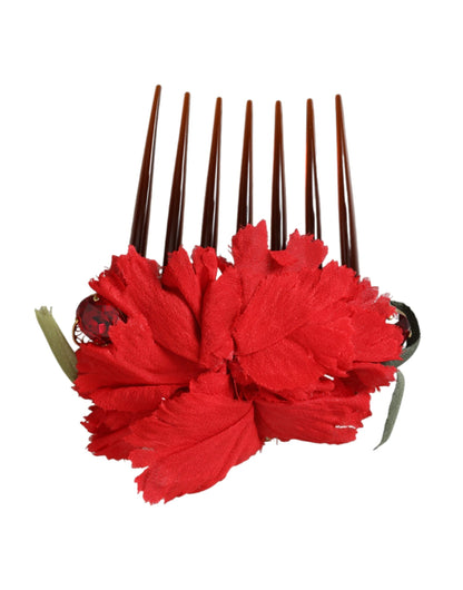 Dolce & Gabbana Red Silk Floral Gold Brass Women Hair Comb