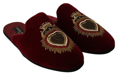 Dolce & Gabbana Red Velvet Embroidered Slides - EU39/US6