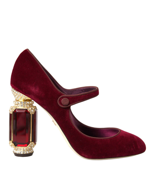 Dolce & Gabbana Red Velvet Gold Crystals Heels Mary Jane Shoes - EU40.5/US10