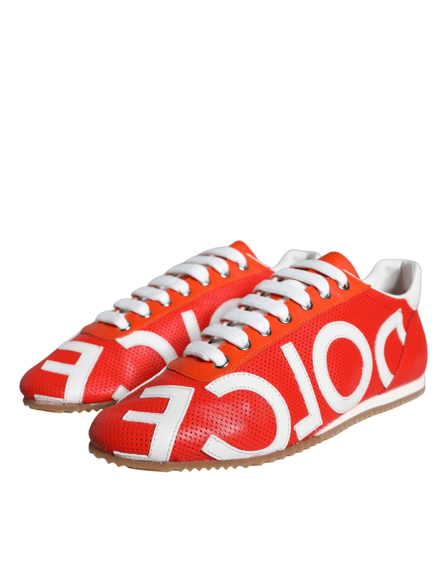 Dolce & Gabbana Red White Leather Logo Casual Sneakers Shoes - EU39/US8.5