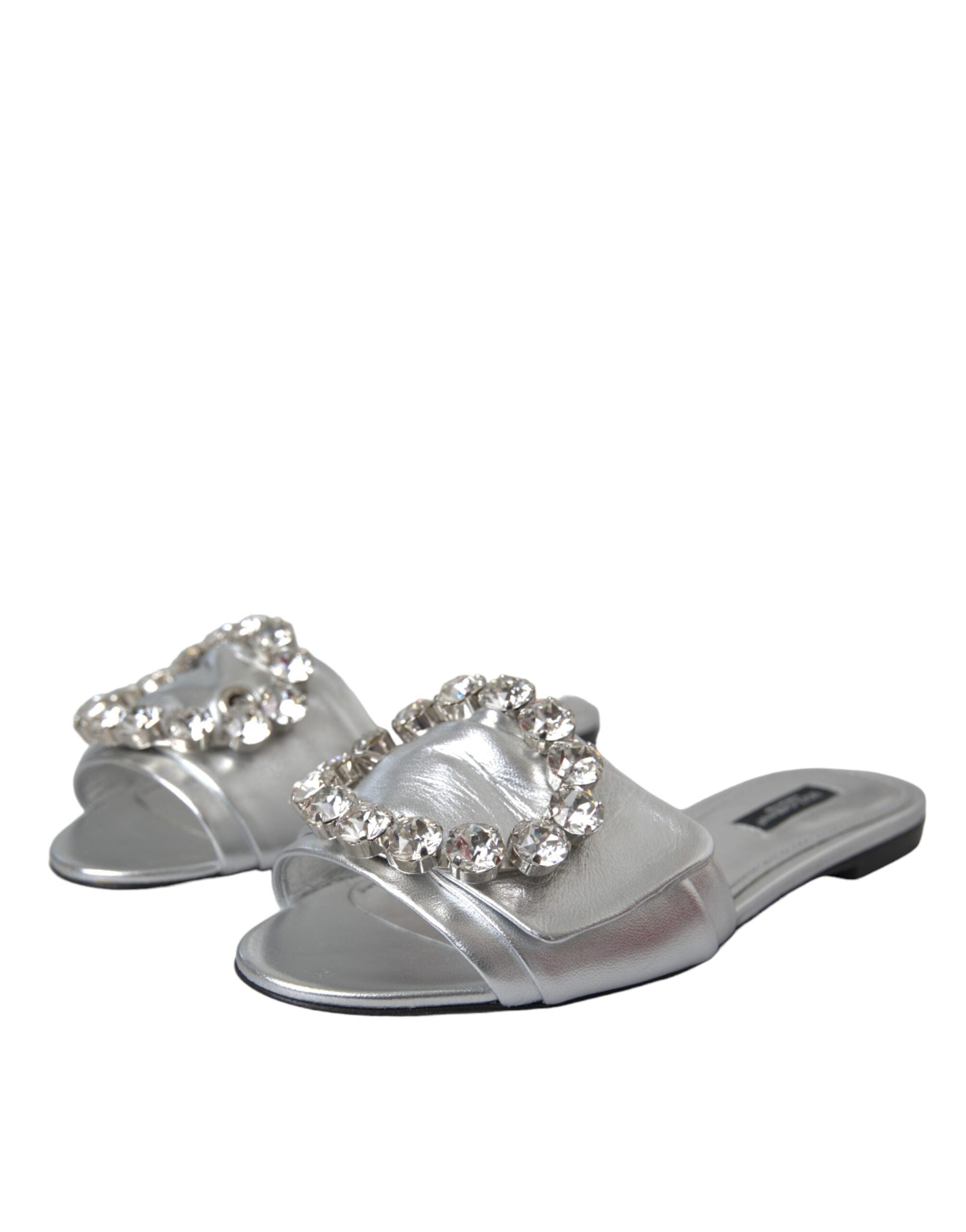 Dolce & Gabbana Silver Crystal Leather Flats Sandals Shoes - EU36/US5.5