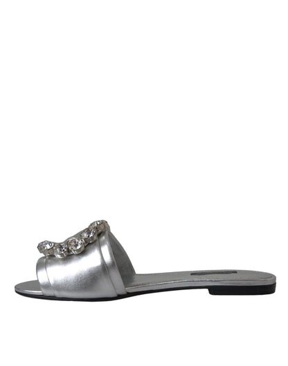 Dolce & Gabbana Silver Crystal Leather Flats Sandals Shoes - EU36/US5.5