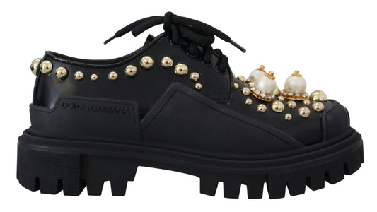 Dolce & Gabbana Timeless Black Leather Derby Flats with Glam Accents - EU36/US5.5