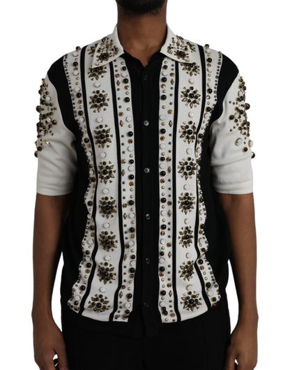 Dolce & Gabbana White Black Silk Studded Stone Crystal Shirt - IT50 | L