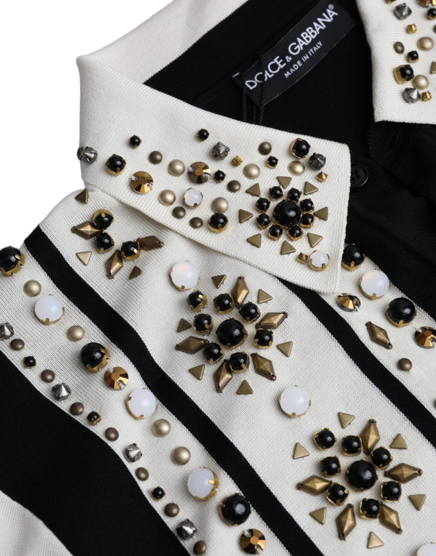 Dolce & Gabbana White Black Silk Studded Stone Crystal Shirt - IT50 | L