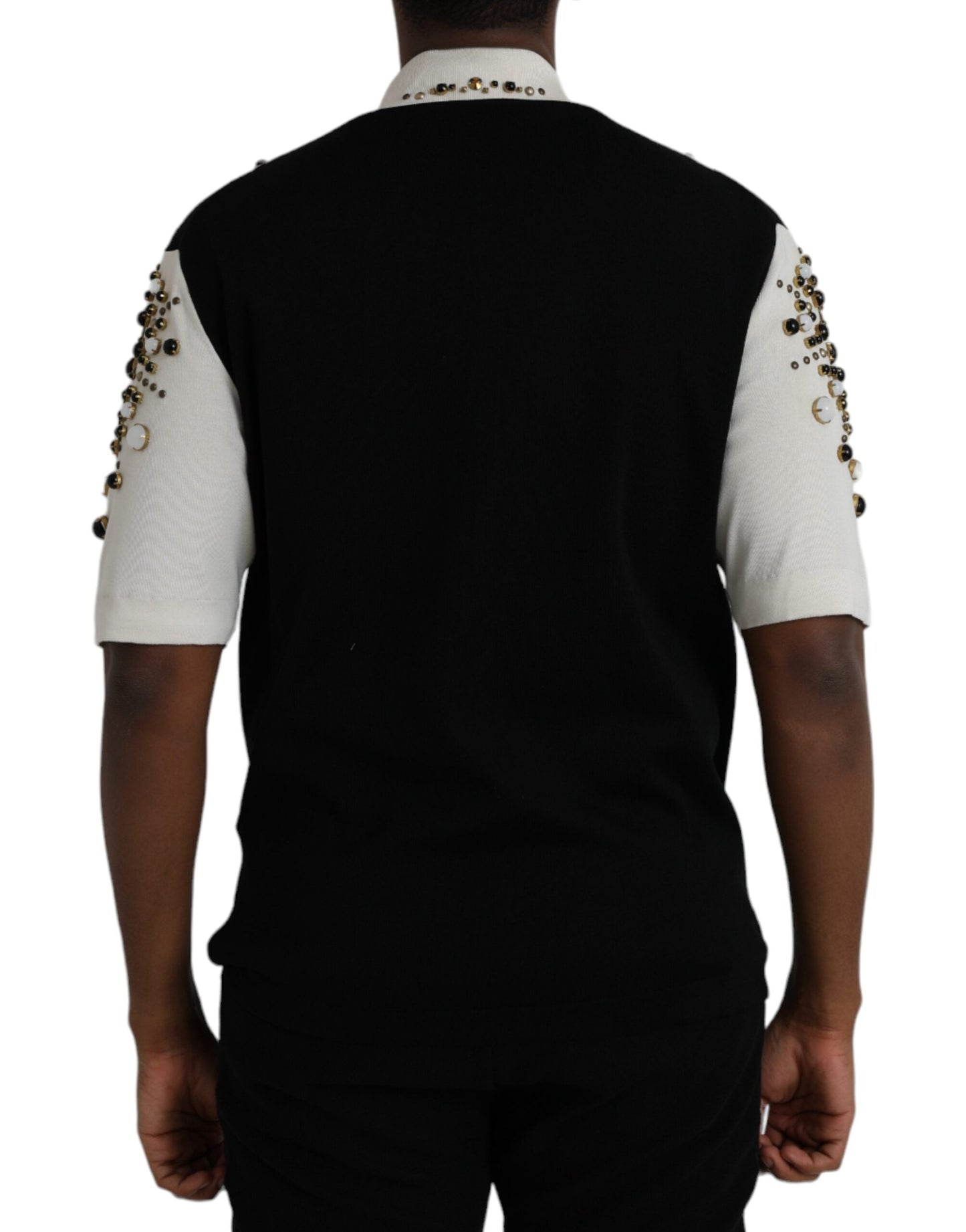 Dolce & Gabbana White Black Silk Studded Stone Crystal Shirt - IT50 | L