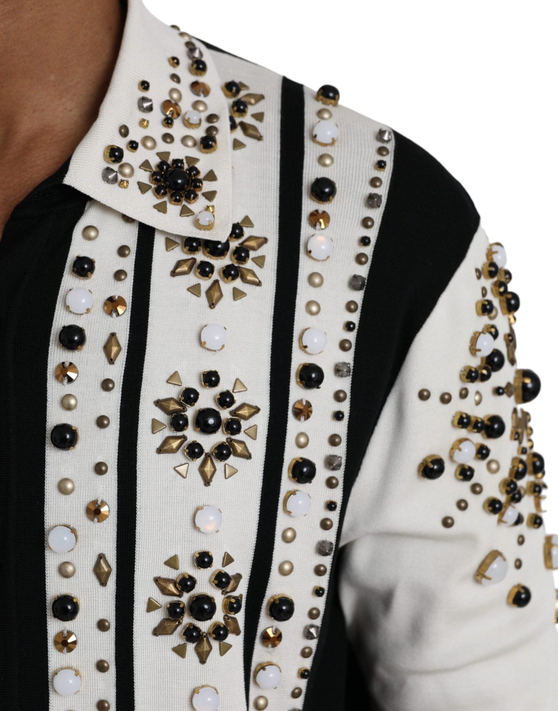 Dolce & Gabbana White Black Silk Studded Stone Crystal Shirt - IT50 | L