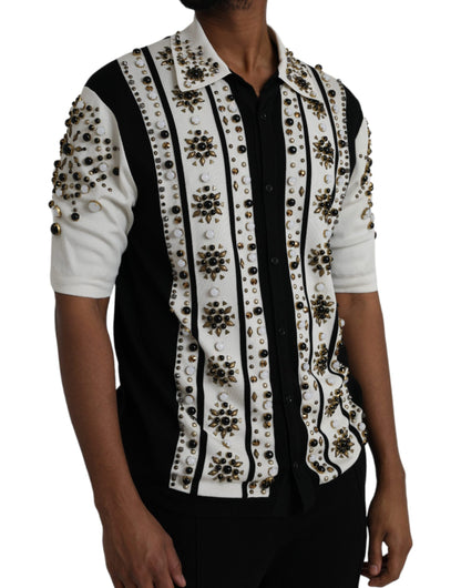 Dolce & Gabbana White Black Silk Studded Stone Crystal Shirt - IT50 | L