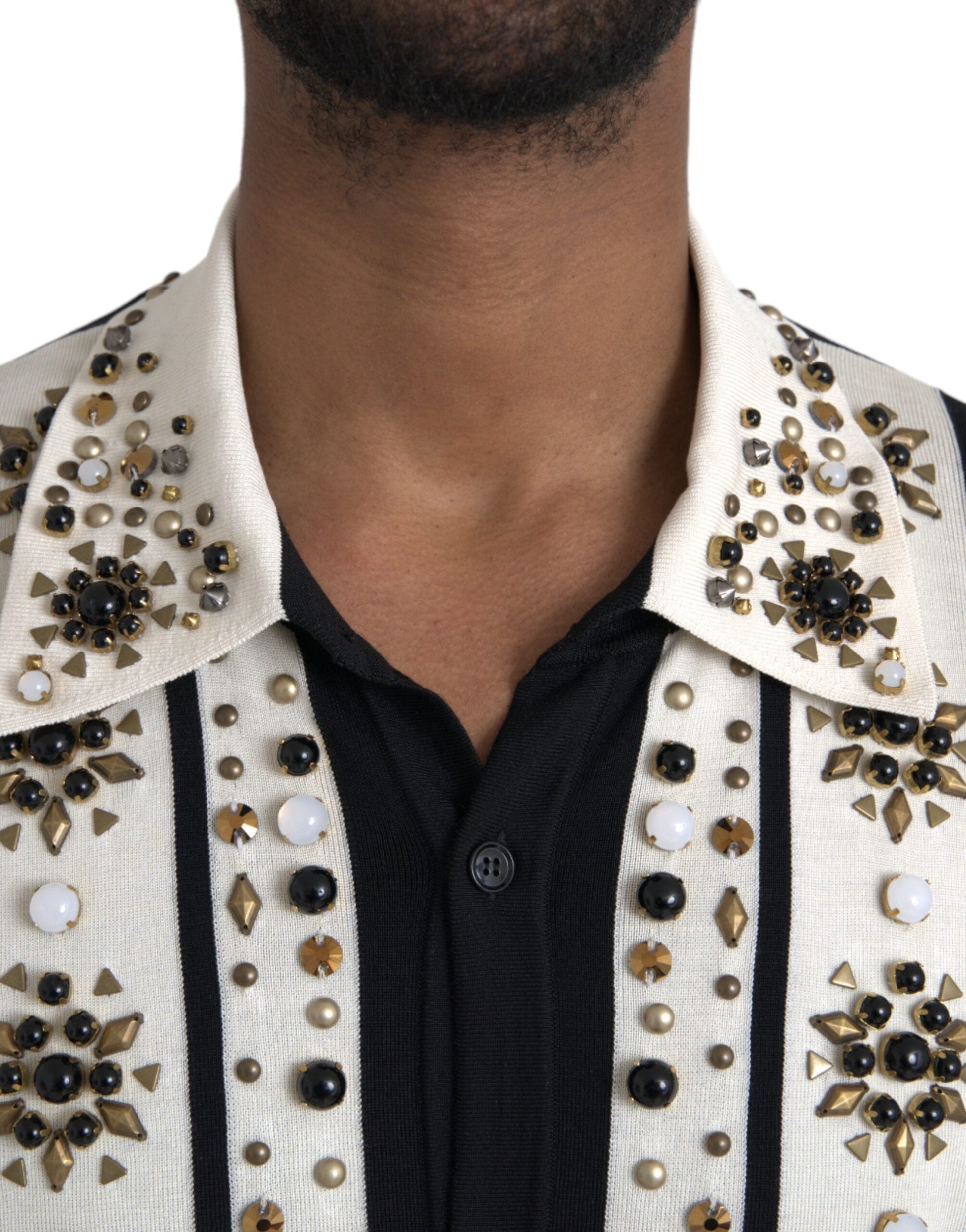 Dolce & Gabbana White Black Silk Studded Stone Crystal Shirt - IT50 | L