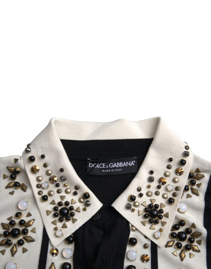 Dolce & Gabbana White Black Silk Studded Stone Crystal Shirt - IT50 | L