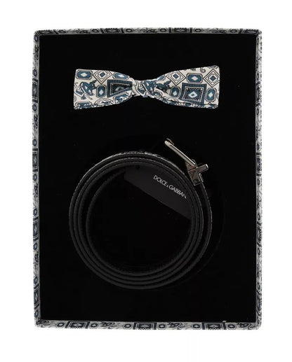 Dolce & Gabbana White Blue Silk Bowtie Leather Belt Gift Box Set - 115 cm / 46 Inches