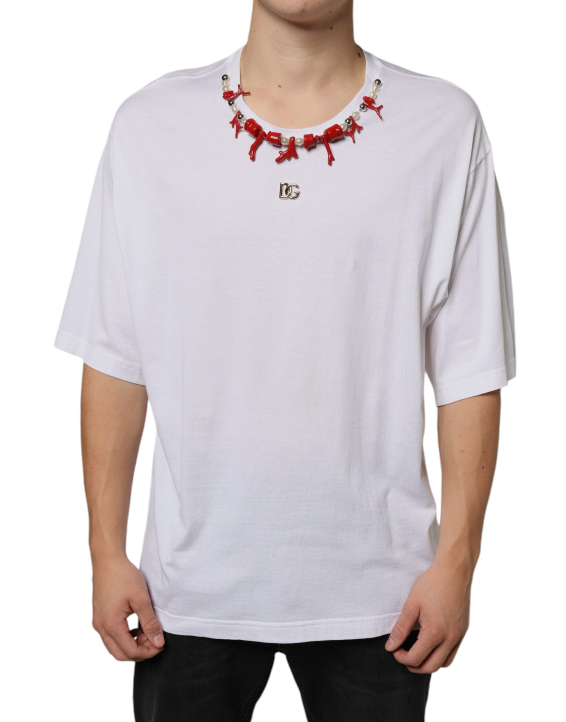 Dolce & Gabbana White Cotton Necklace Embellished T-shirt - IT58 | 3XL