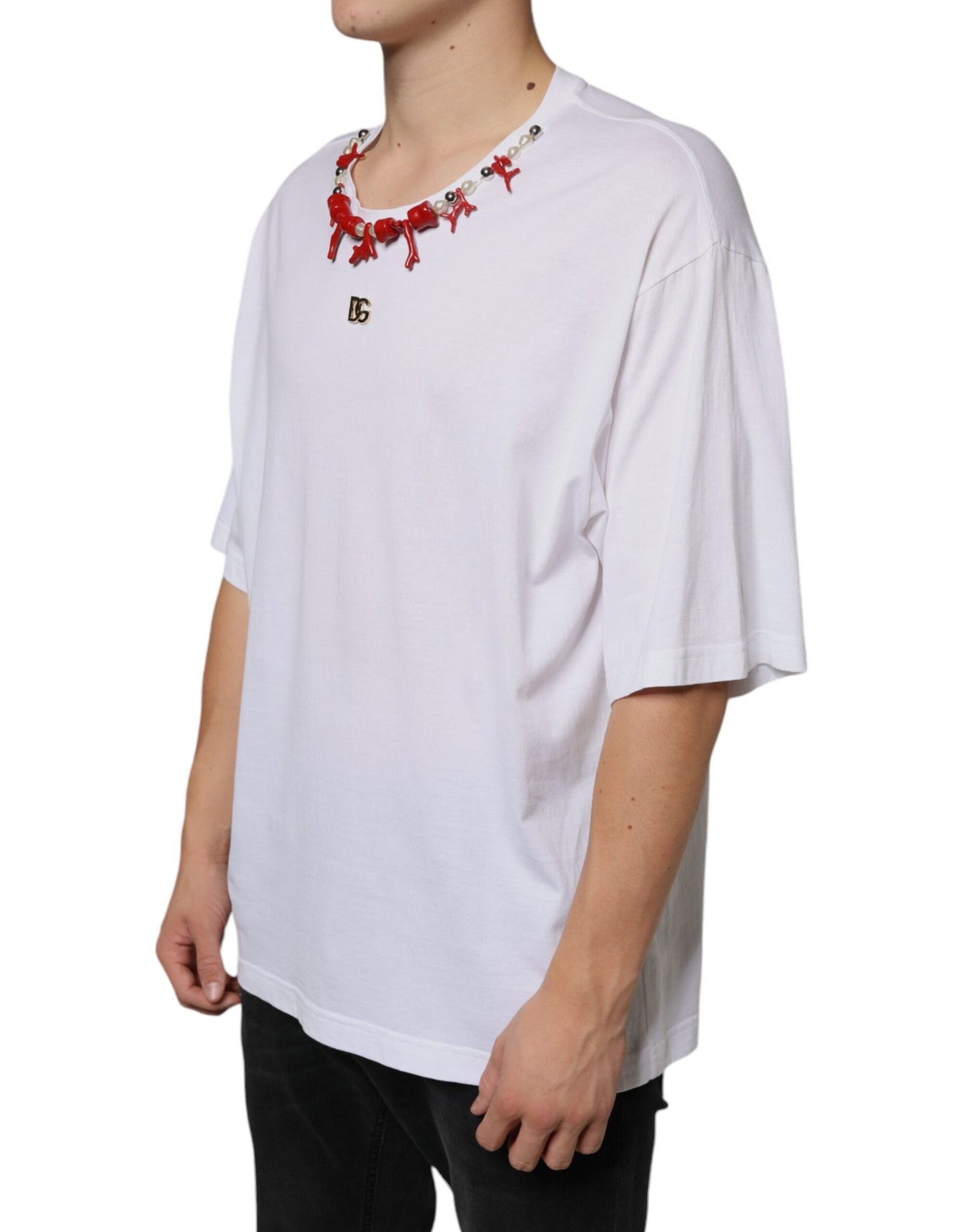 Dolce & Gabbana White Cotton Necklace Embellished T-shirt - IT58 | 3XL