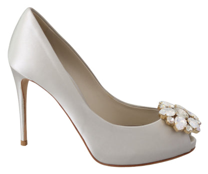 Dolce & Gabbana White Crystal Peep Toe Silk Blend Heels