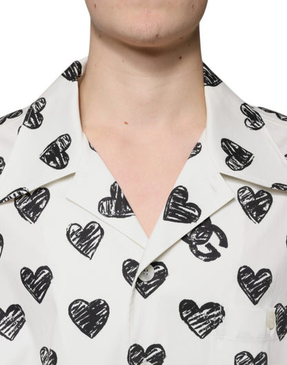 Dolce & Gabbana White Heart Print Short Sleeve Casual Shirt - IT43 | 2XL