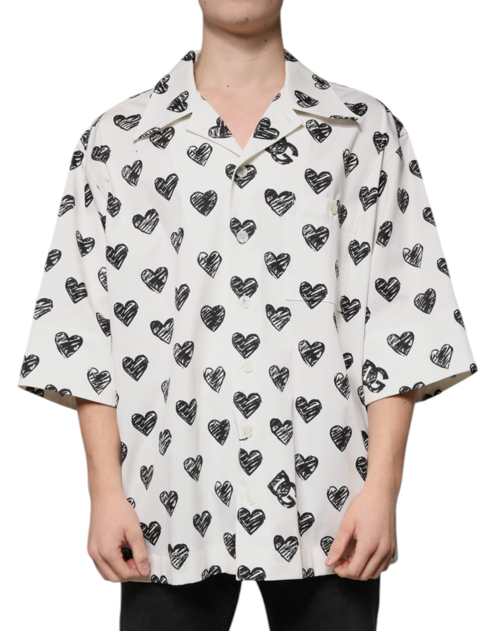 Dolce & Gabbana White Heart Print Short Sleeve Casual Shirt - IT43 | 2XL