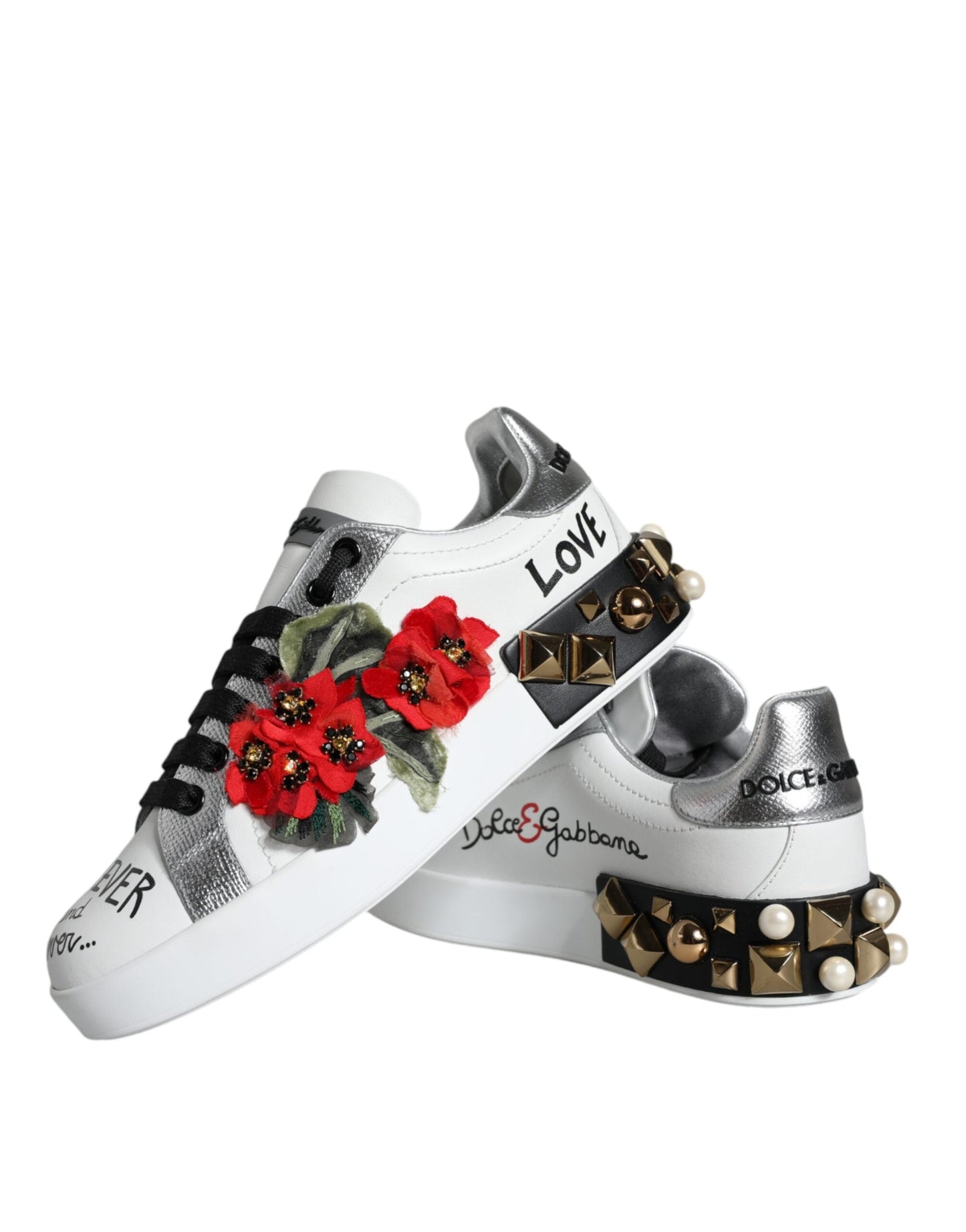 Dolce & Gabbana White Leather Floral Studded Sneakers Shoes - EU35/US5